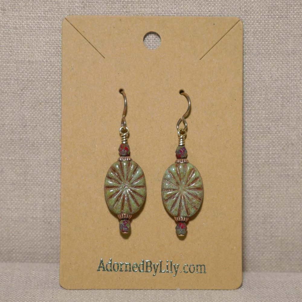 Hand Crafted Handmade Earrings Olive & Rust Oval Czech Beaded Earrings - Picture 2 of 4